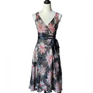 Evan Picone Black Chiffon Dress w/ Floral Designs & Satin Sash (Size: 10P)